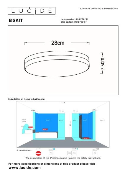 Lucide BISKIT - Flush ceiling light Bathroom - Ø 28 cm - LED - 1x18W 2700K - IP44 - Motion & Day/Night Sensor - White - technical